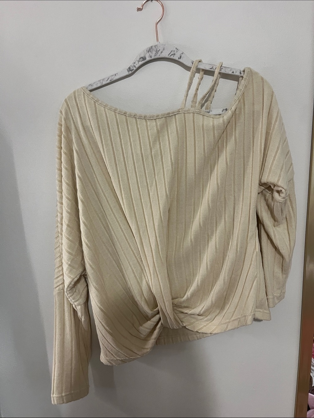 Twist-Front Ribbed Long Sleeve Top - Cream